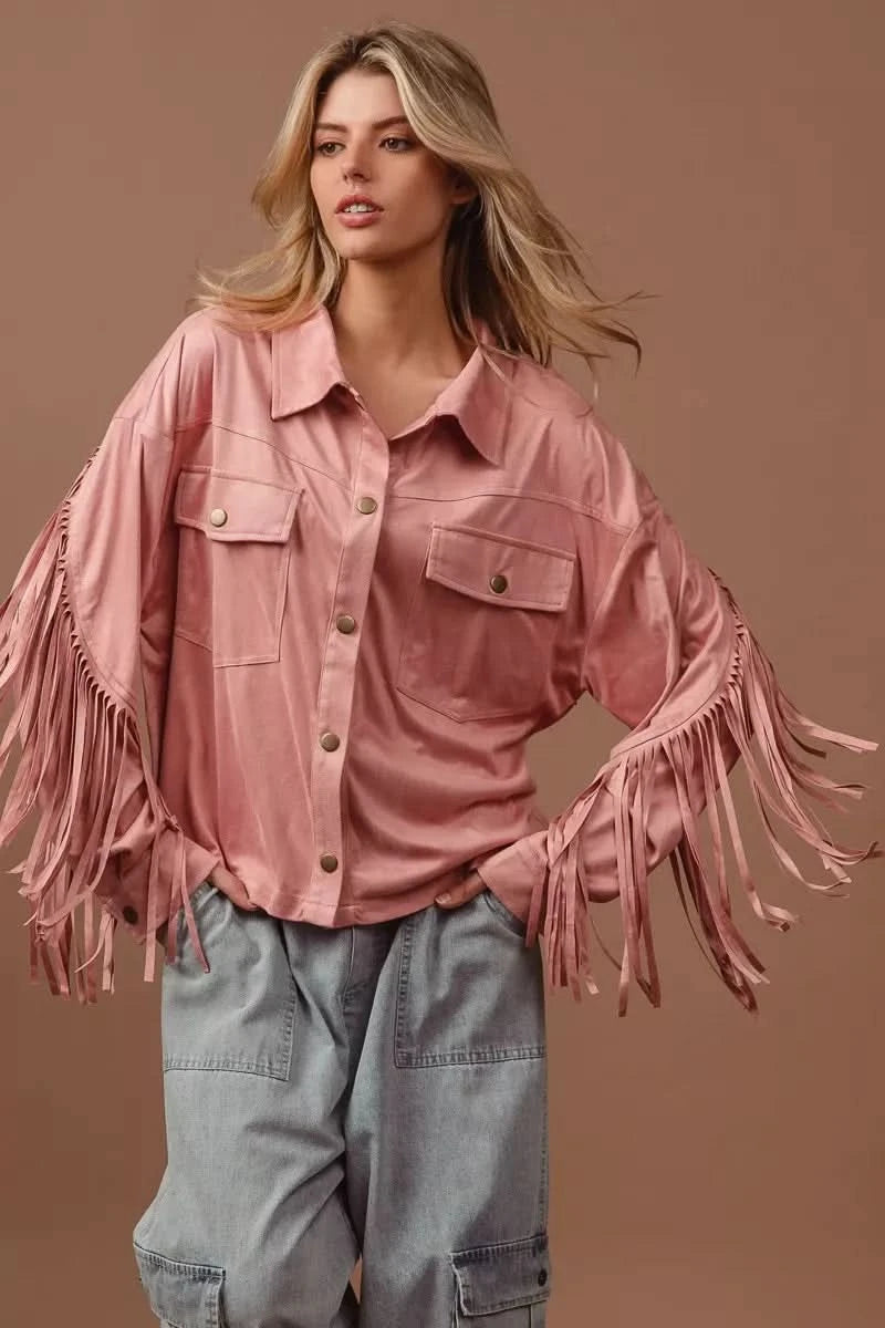 BiBi Suede Fringe Long Sleeve Jacket in - photo