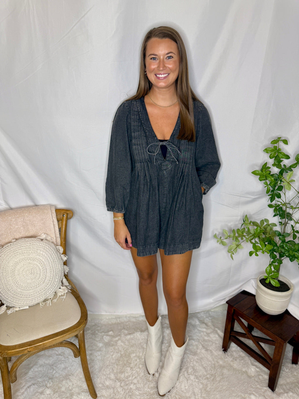 V-neck Puff Sleeve Denim Romper in - photo