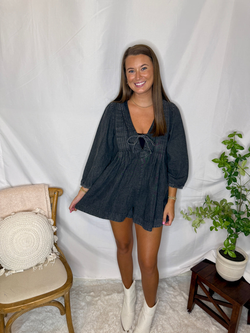 V-neck Puff Sleeve Denim Romper in - photo