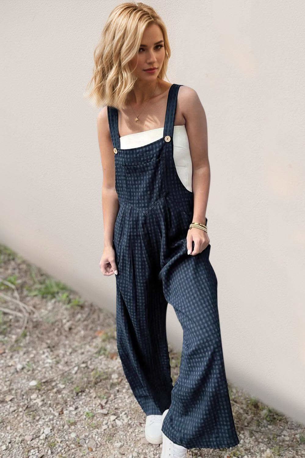 Oh Full Size Plaid Wide Leg Overalls with Pockets in Peacock Blue - photo