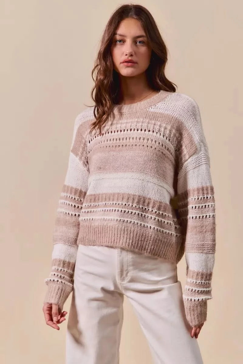 SO ME Variegated Stripe Textured Loose Fit Sweater in TAUPE - photo