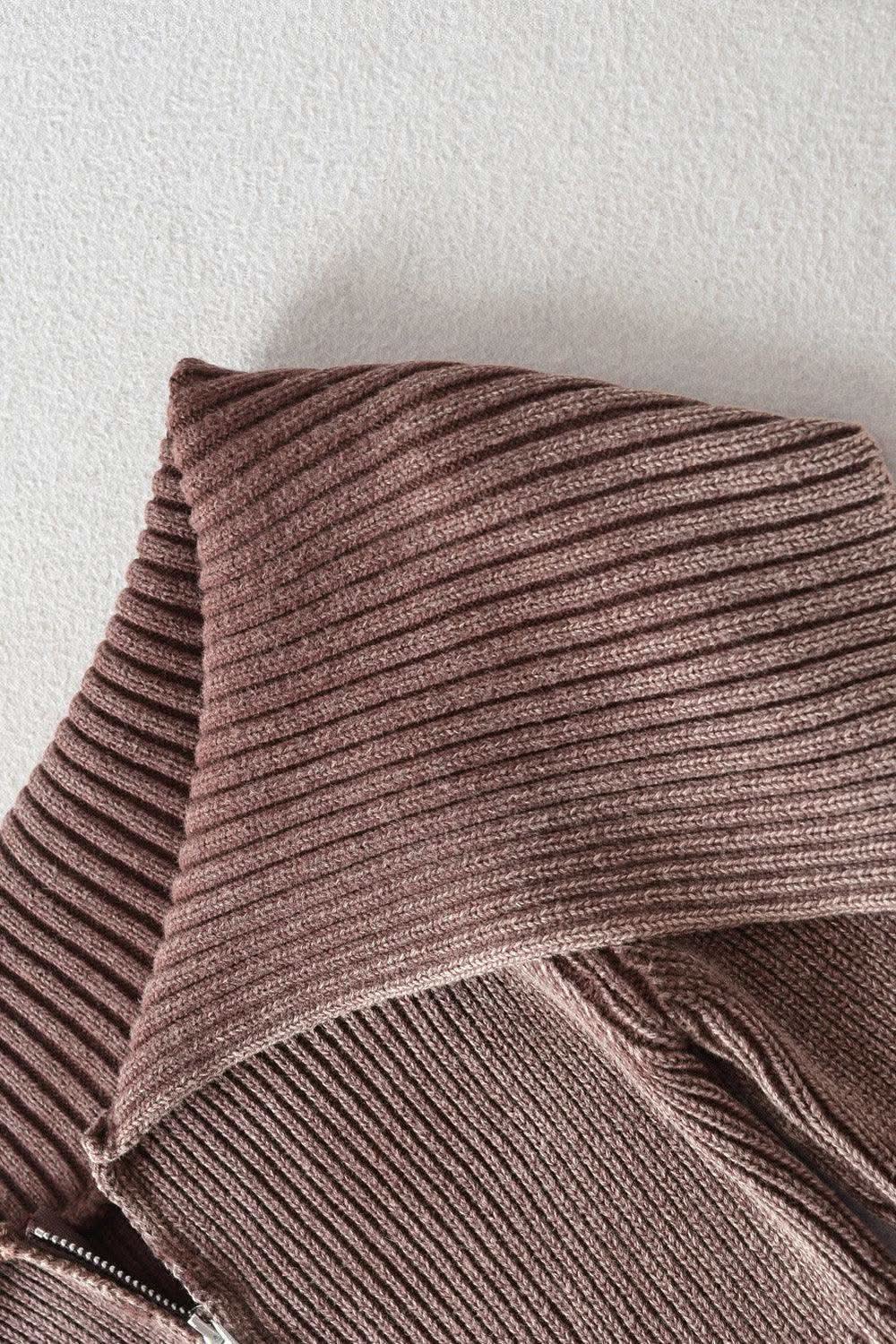 Double Take Ribbed Off-Shoulder Zip Up Long Sleeve Cardigan in - photo