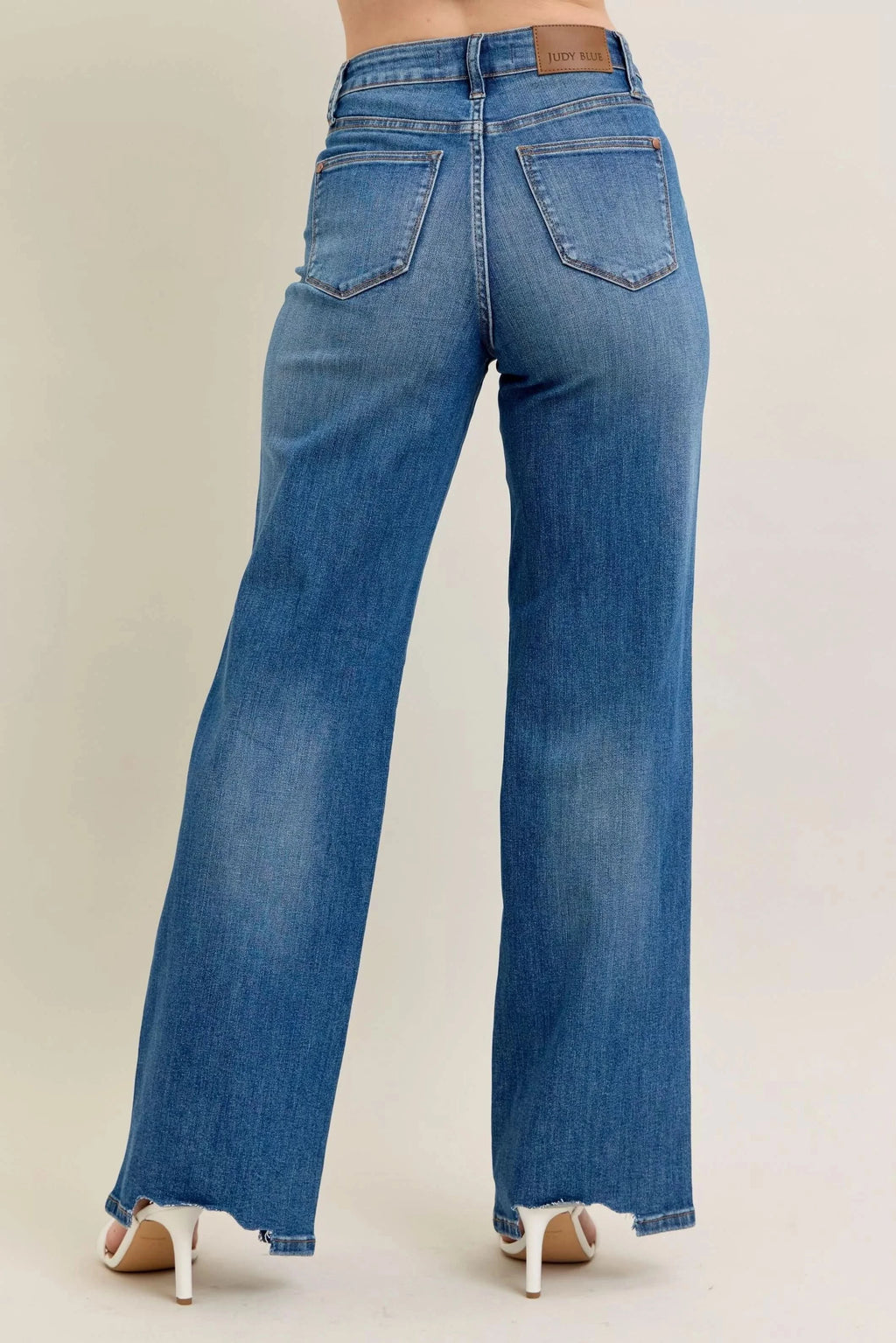 Judy Blue Full Size High Waist Tummy Control Chew Hem Destroy Wide Jeans Plus Size in - photo