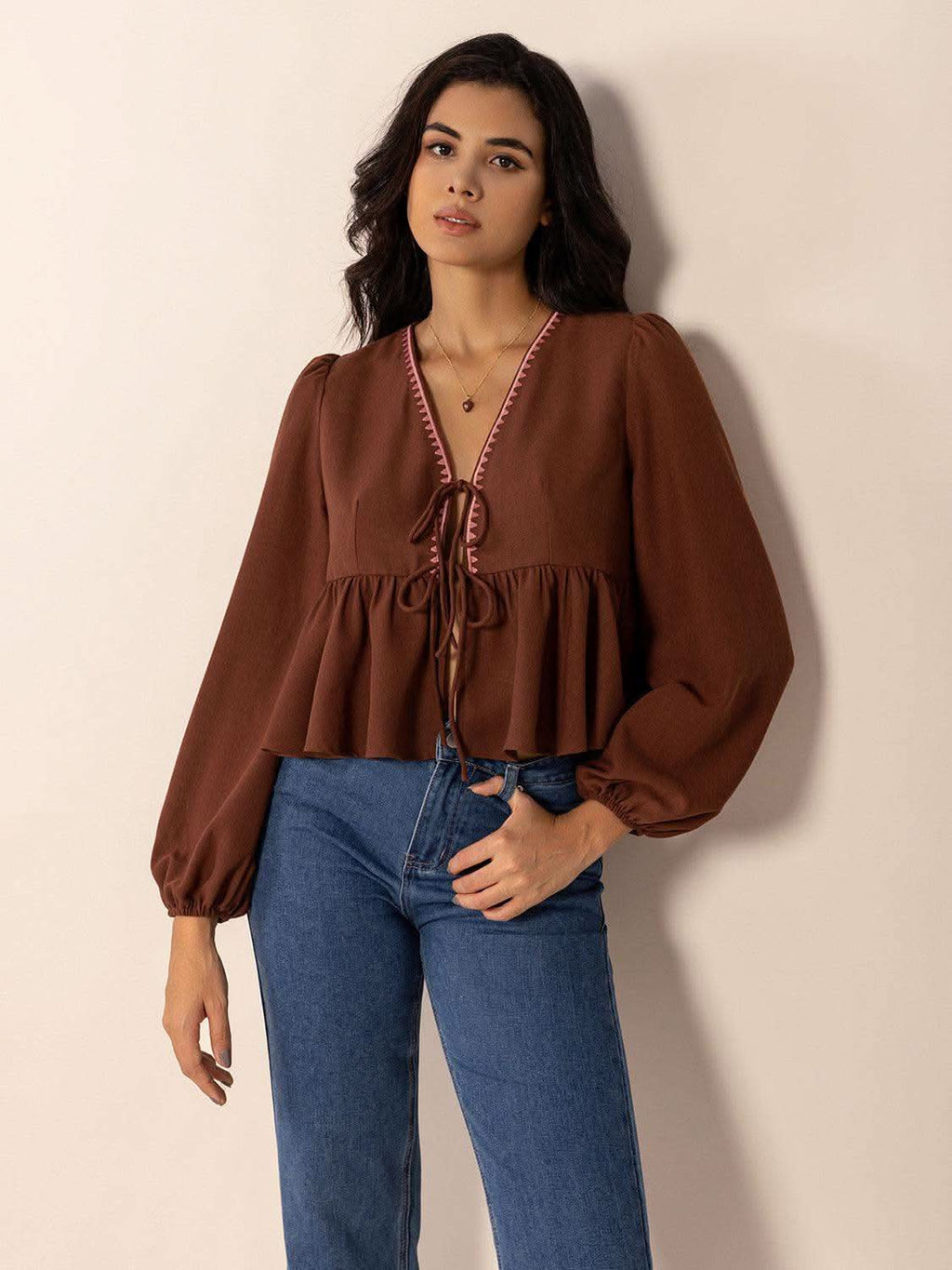 Peplum Tied V-Neck Long Sleeve Blouse - SwagglyLife Home & Fashion