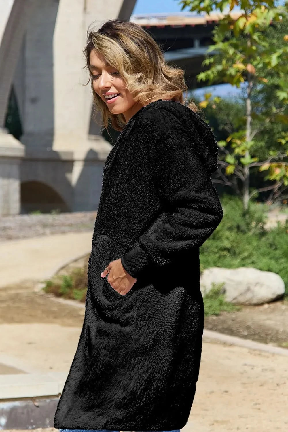 Double Take Full Size Hooded Teddy Bear Jacket with Thumbholes in - photo