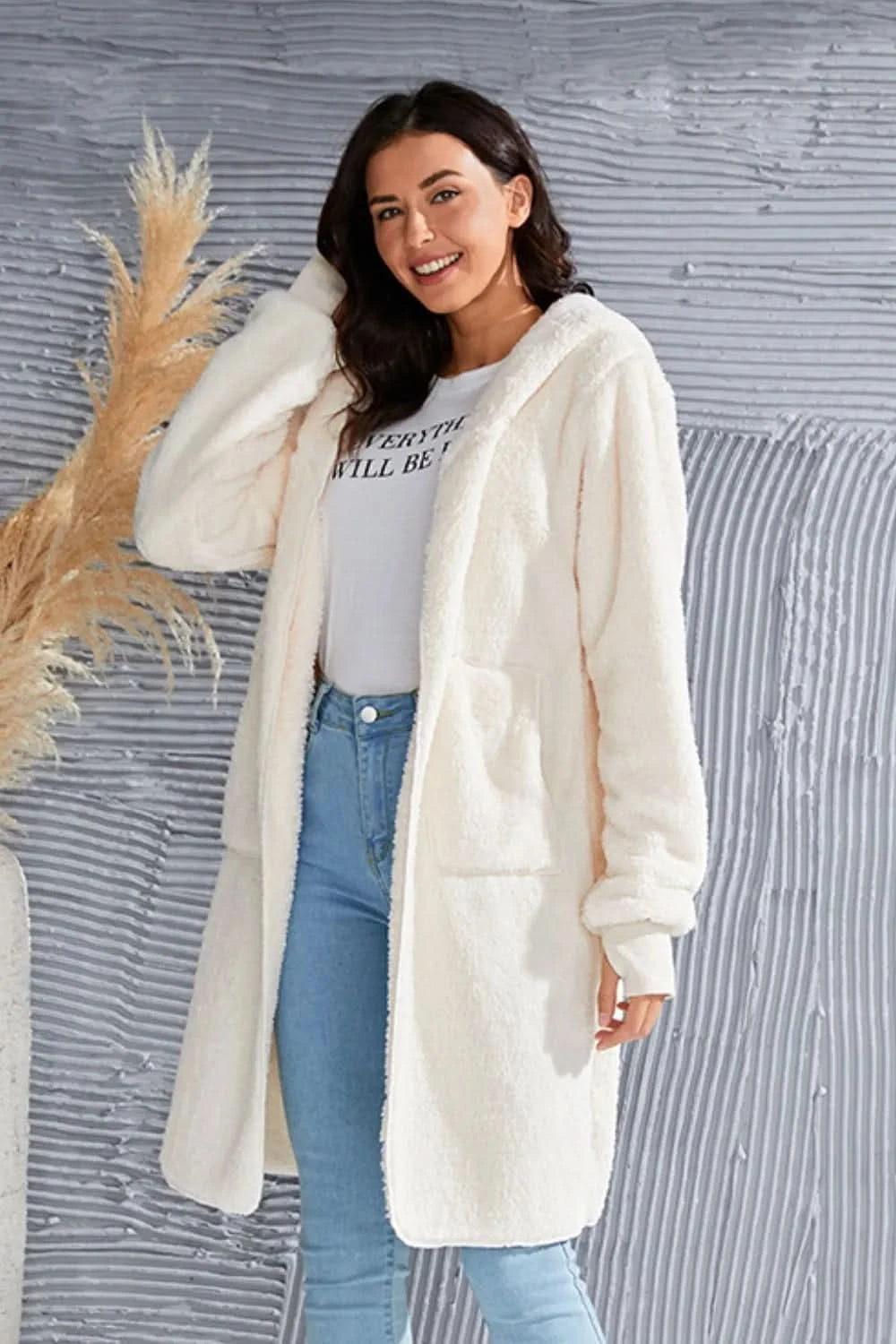 Double Take Full Size Hooded Teddy Bear Jacket with Thumbholes in - photo