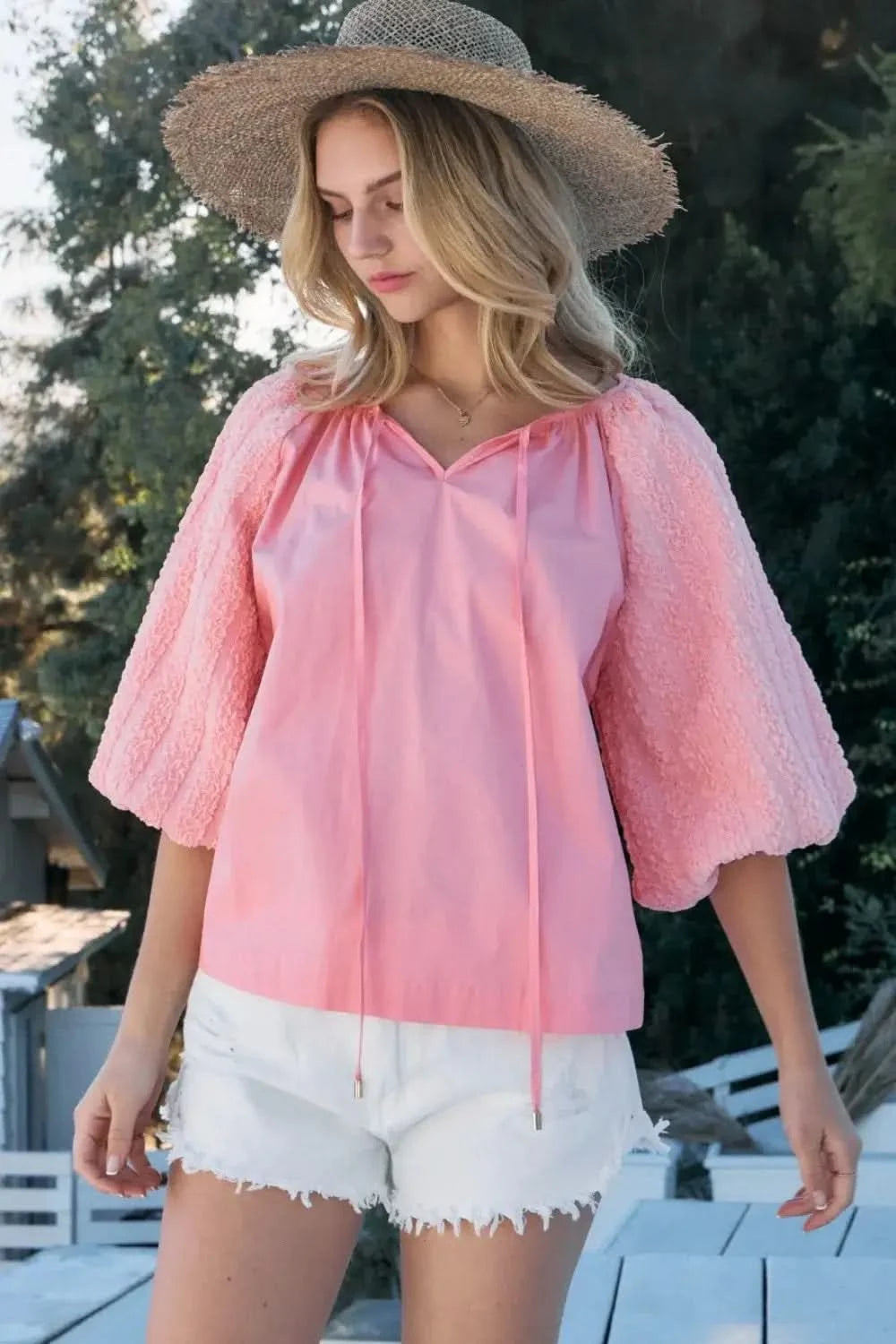 ODDI Full Size Poplin Bubble Sleeve Blouse in - photo
