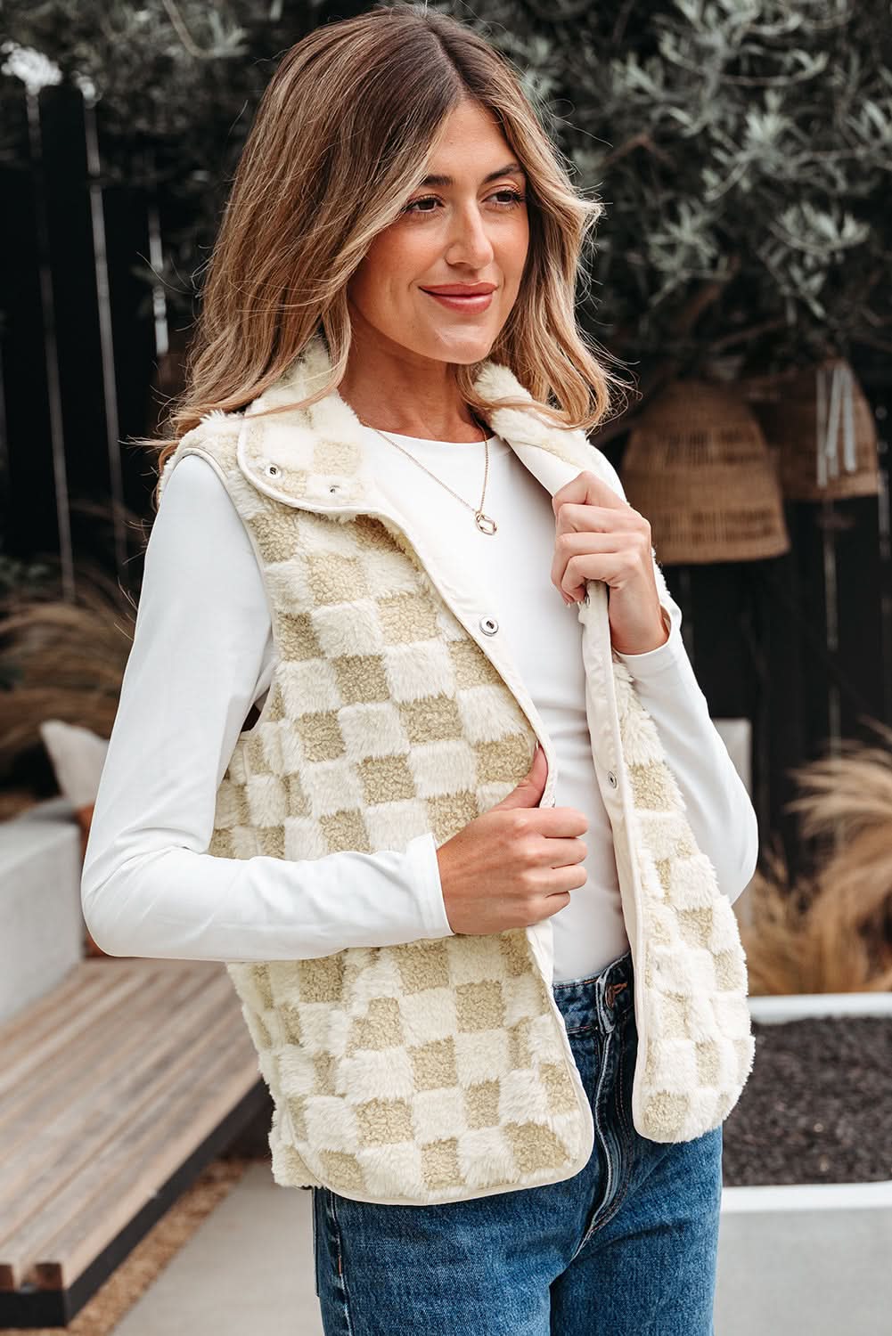 Stevie Sherpa Checkerboard Button Vest With Pocket in - Outerwear/Vests photo