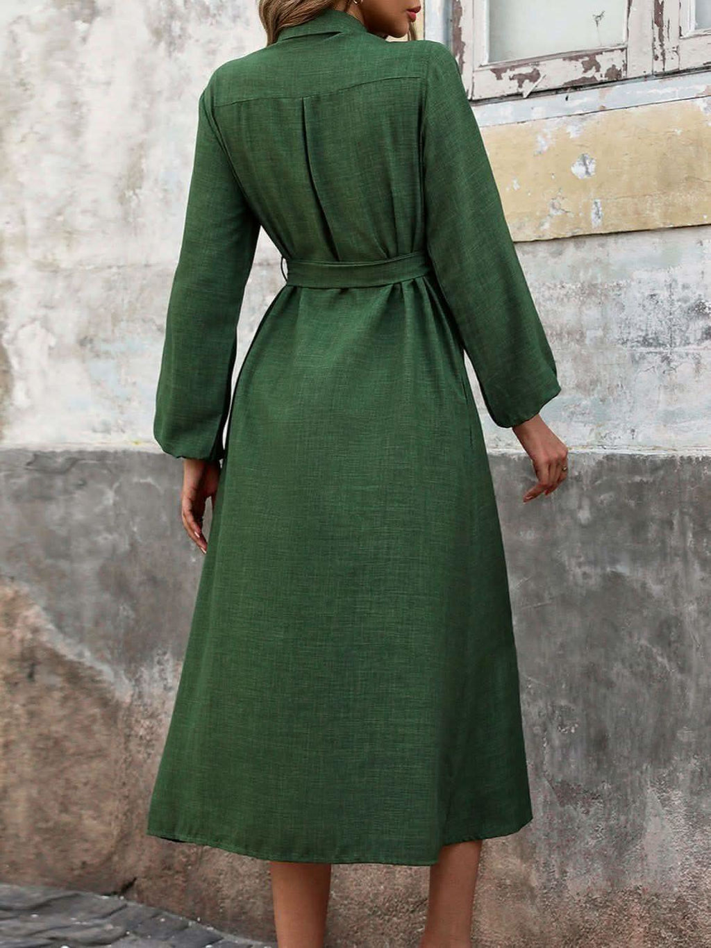 Perfee Collared Neck Long Sleeve Midi Shirt Dress in - photo