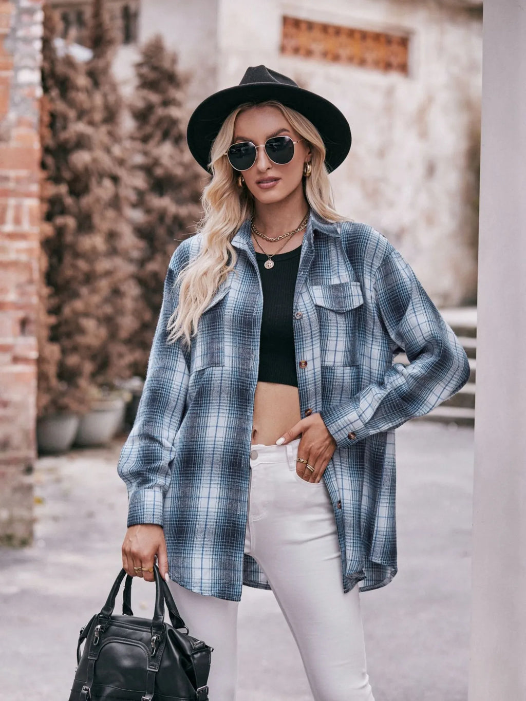 Plaid Button-Down Long Sleeve Shirt in Blue - photo