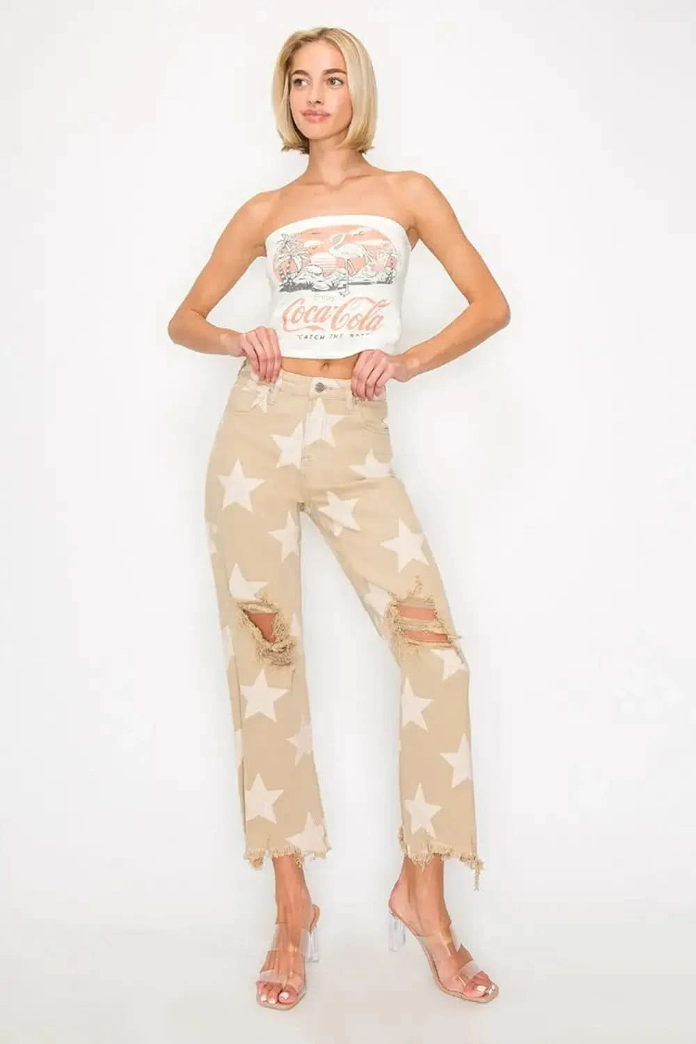 RISEN Full Size High Rise Star Printed Frayed Hem Jeans in - photo