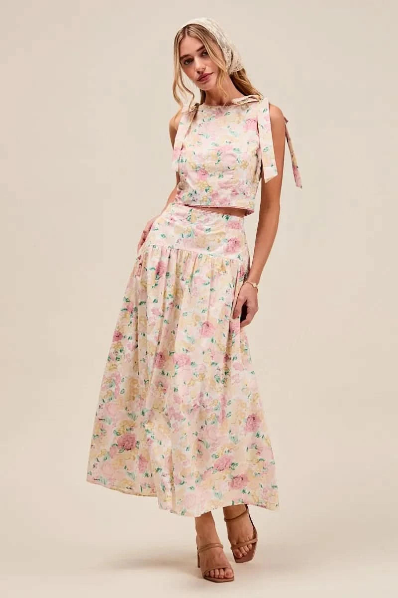 SO ME Floral Printed Woven Shoulder Bow Tie Top and Skirt Set in - photo