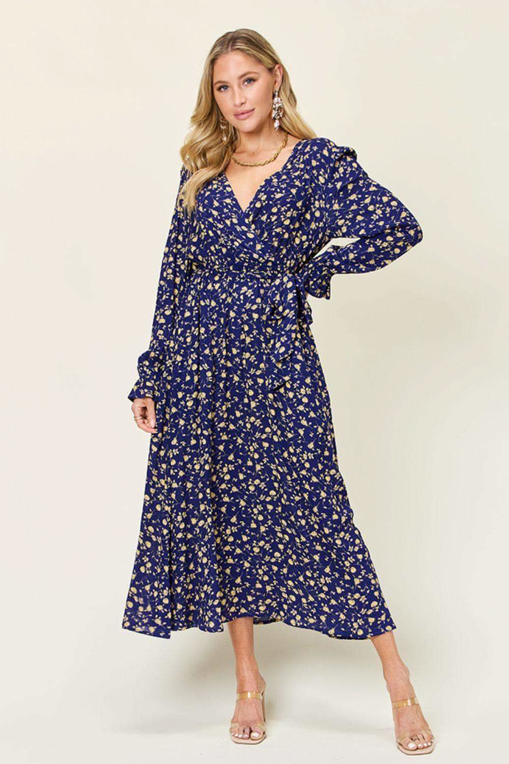 Double Take Full Size Tie Back Flounce Sleeve Dress in Dark Blue - photo