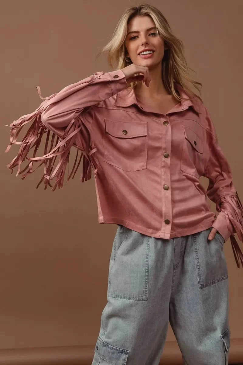 BiBi Suede Fringe Long Sleeve Jacket in - photo