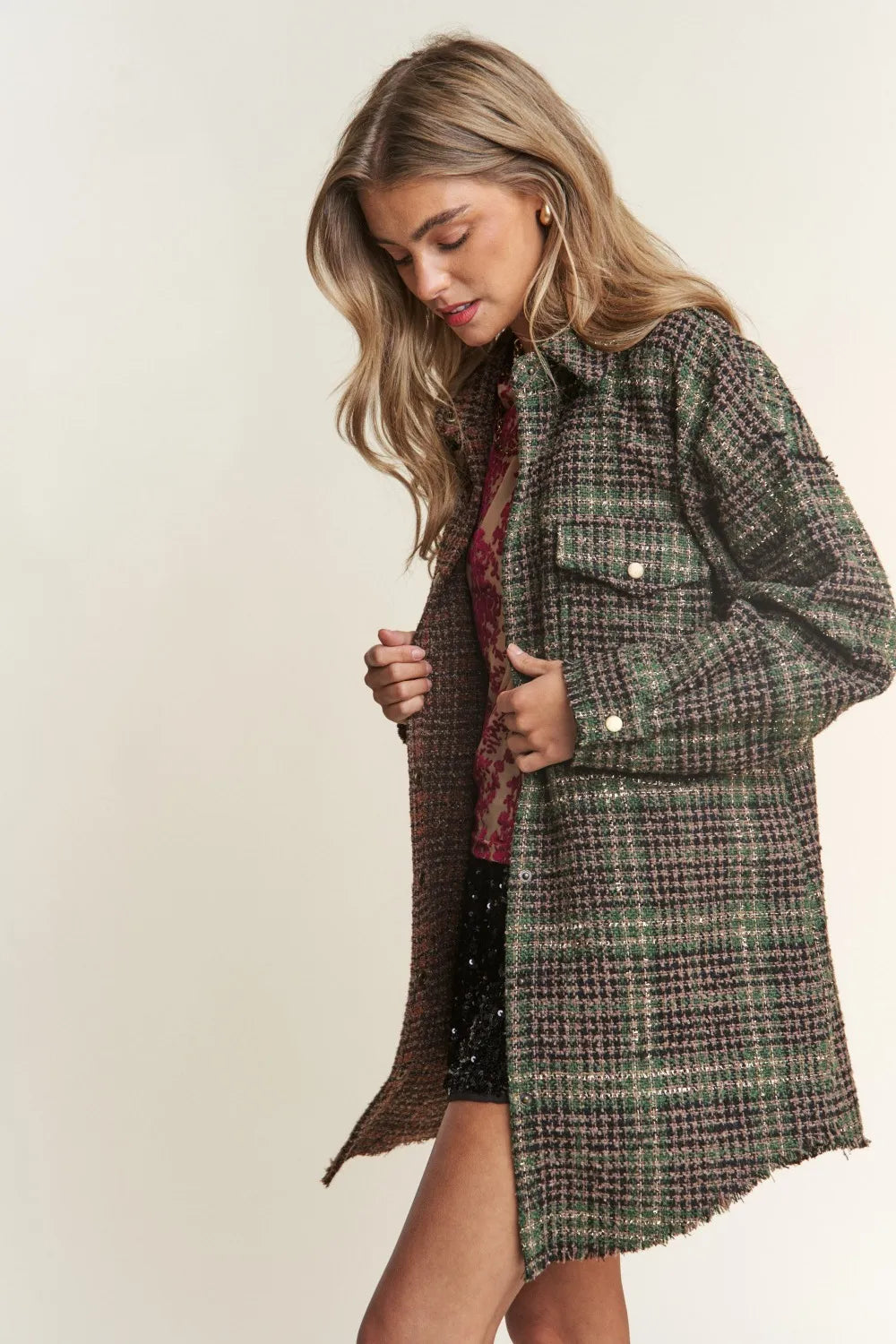 J.NNA Snap Down Tweed Plaid Contrast Longline Shacket in - photo