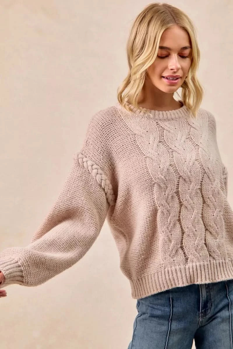 BiBi Cable Knit Sweater with Shoulder Braid Detail in - photo