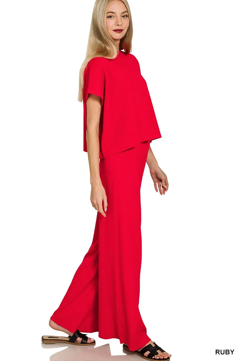 Zenana Viscose Sweater Short Sleeve Top and Pants Set in - photo