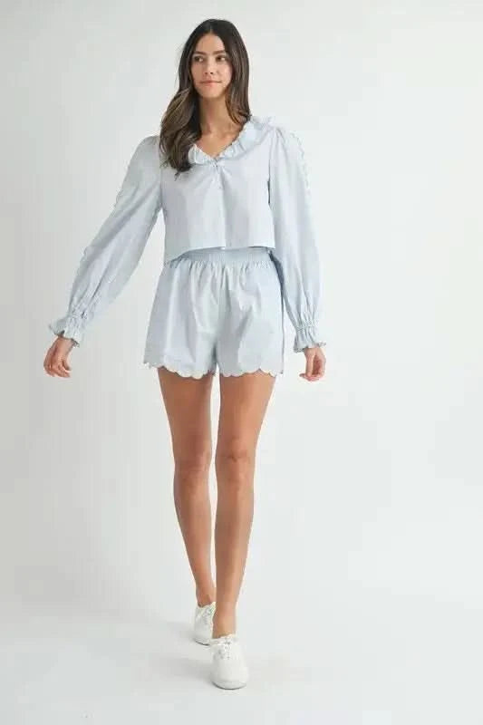 MABLE Long Sleeve Scallop Blouse and Shorts Set in - photo