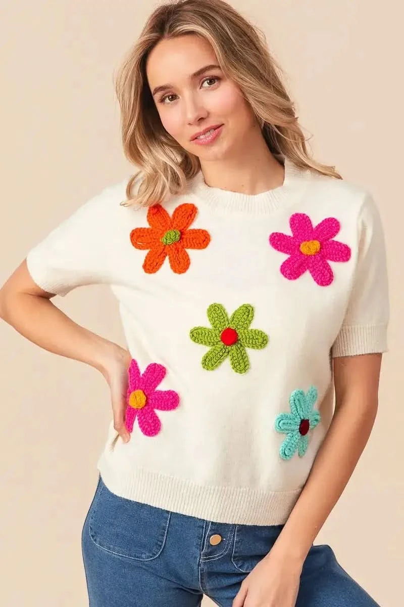 BiBi Crochet Flower Patch Sweater Top in - photo