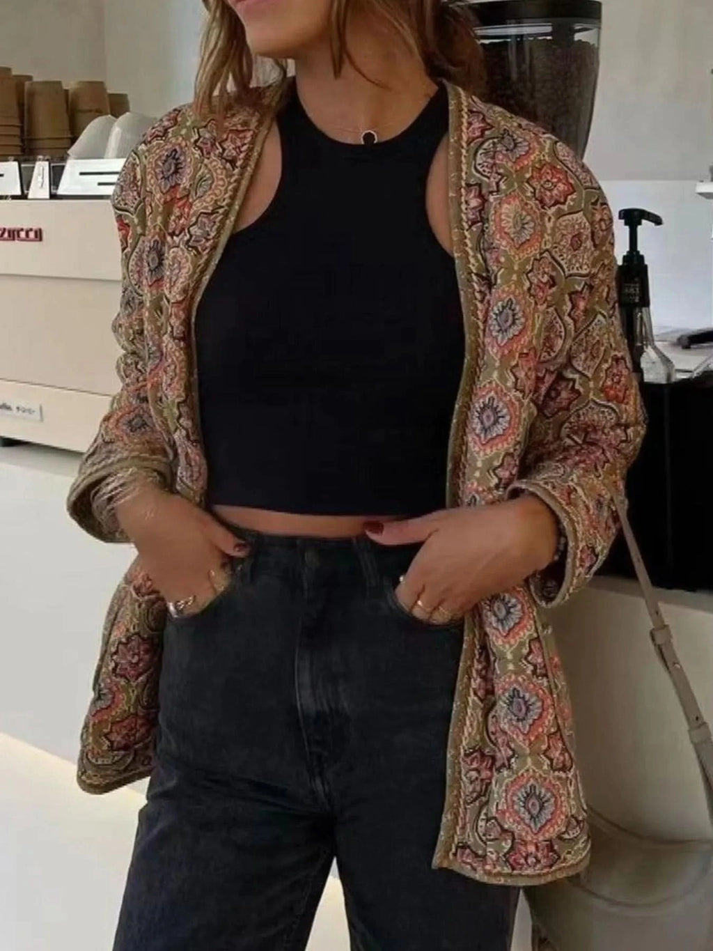 Belted Open Front Floral Winter Coat in - photo