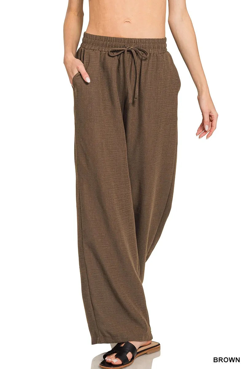Zenana Woven Crepe Elastic Band Pants in BROWN - photo