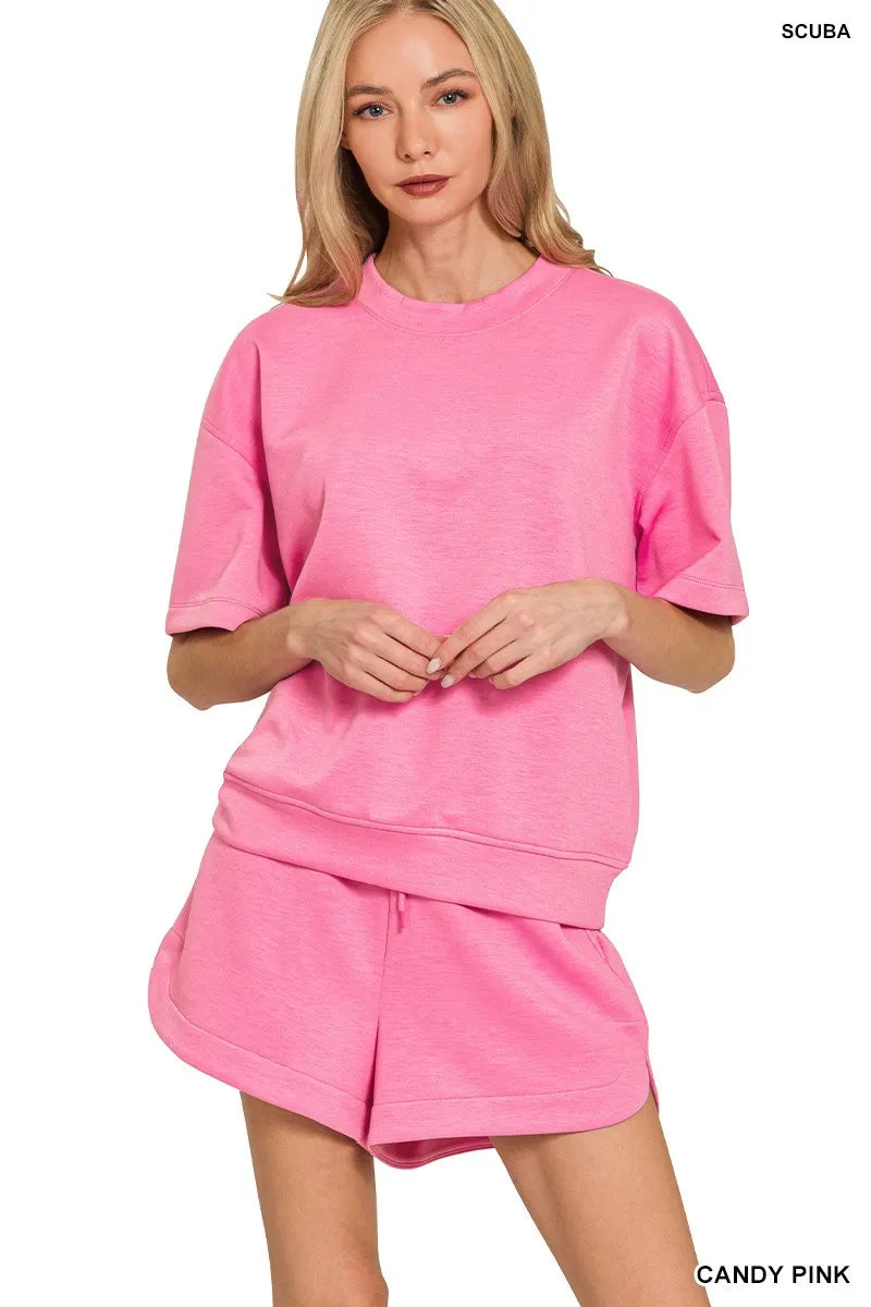 Zenana Scuba Short Sleeve Top & Shorts Set in CANDY PINK - photo