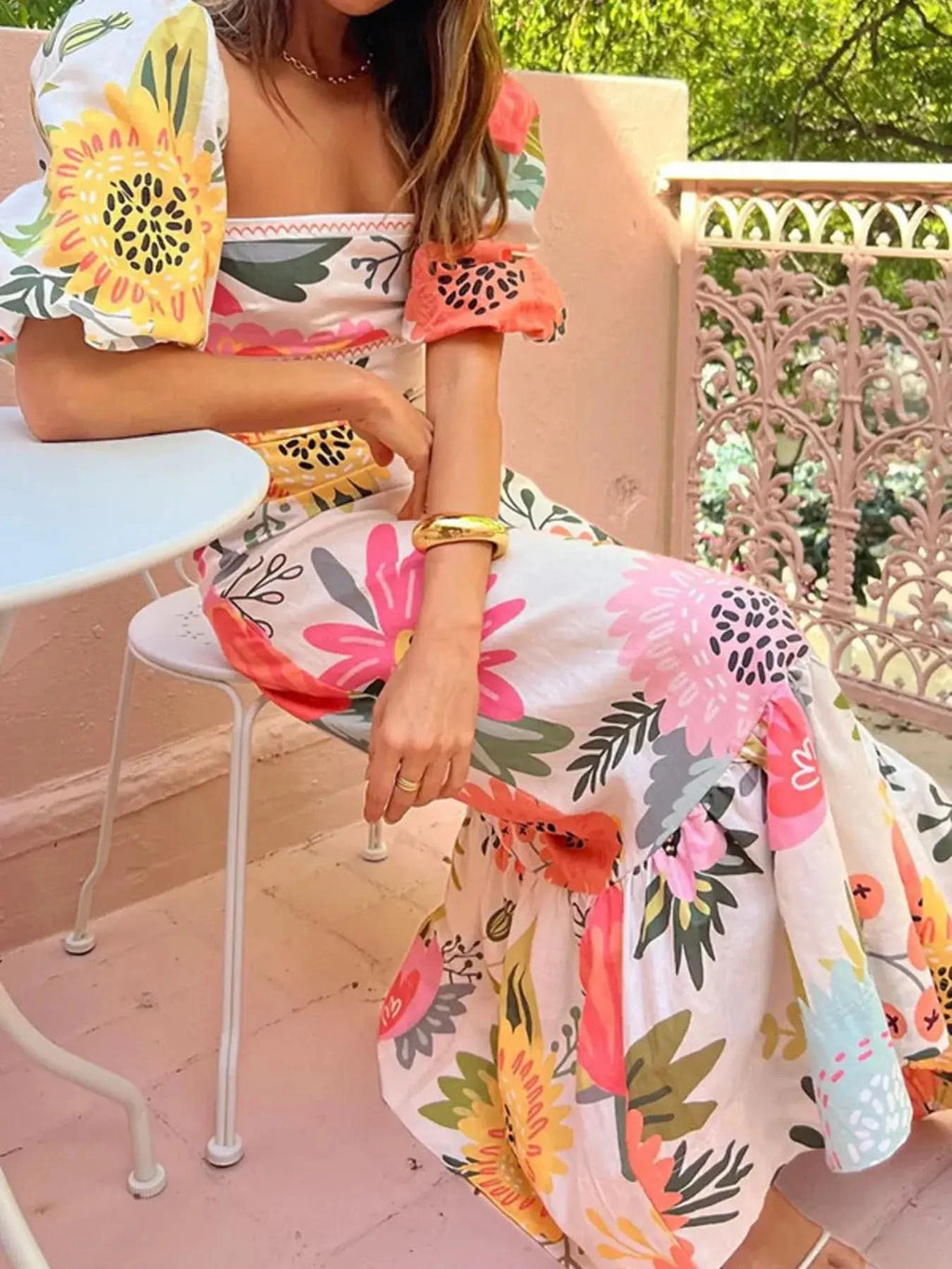 Floral Square Neck Puff Sleeve Maxi Dress with Ruffle Hem in - photo