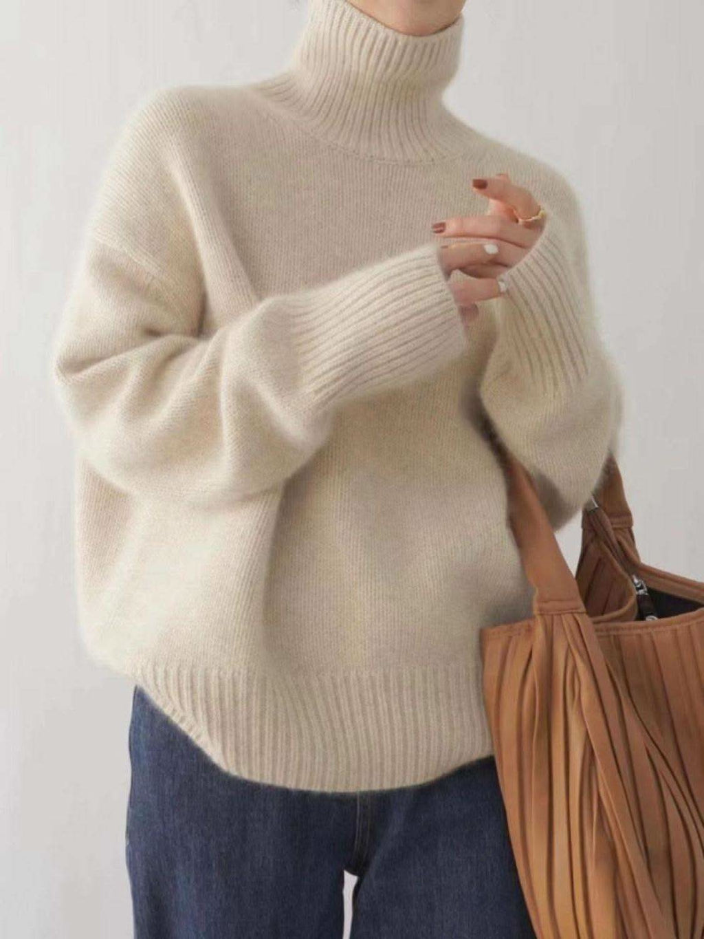 Turtleneck Dropped Shoulder Long Sleeve Sweater in Cream One Size - Sweaters photo