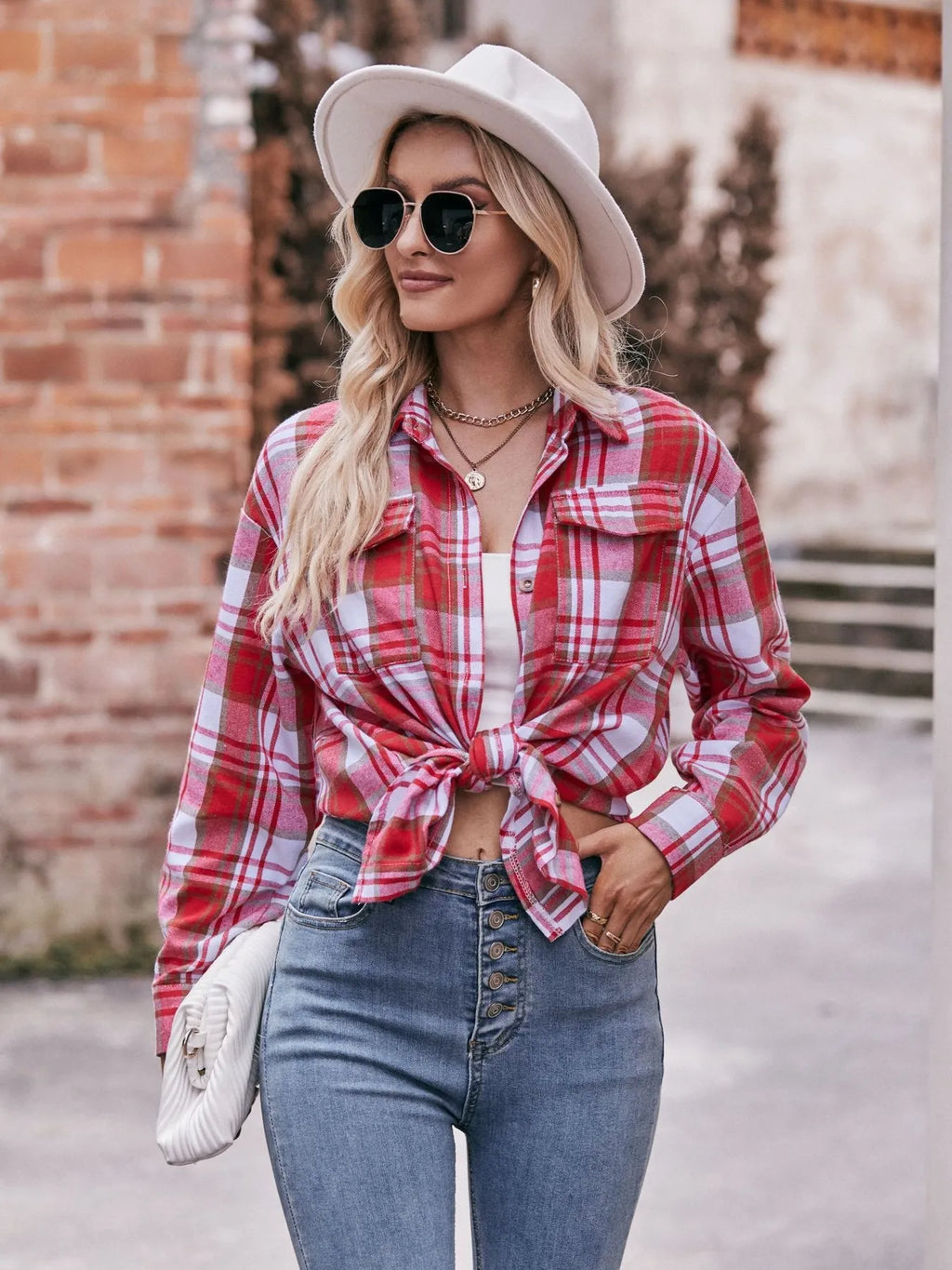 Plaid Button-Down Long Sleeve Shirt in Red - photo