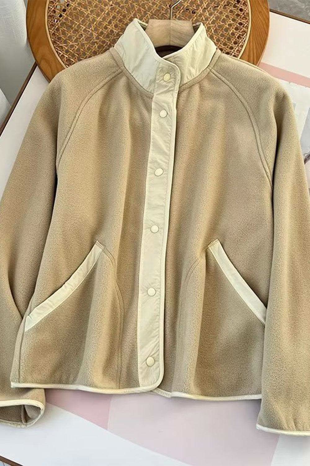 Double Take Snap Down Contrast Fleece Jacket with Pockets in - photo