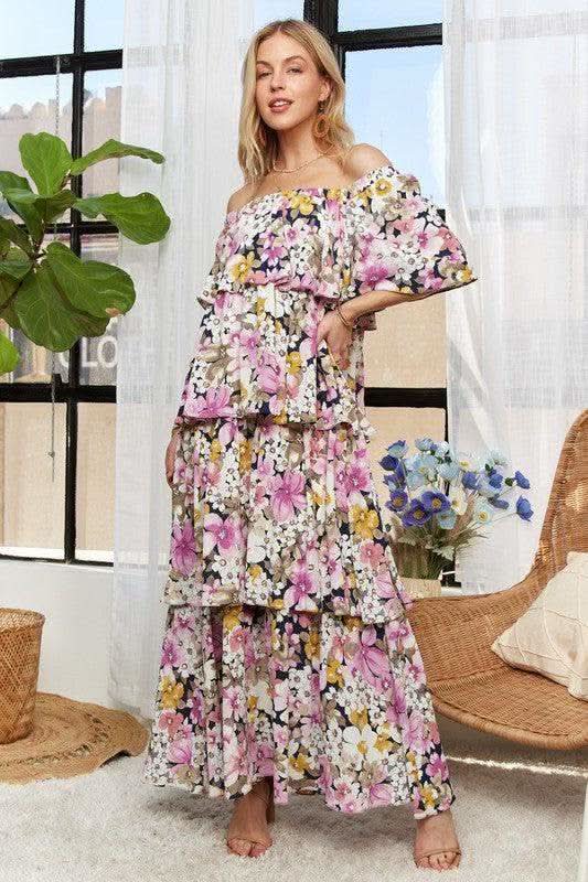 ADORA Layered Floral Off-Shoulder Short Sleeve Maxi Dress in - Dresses photo