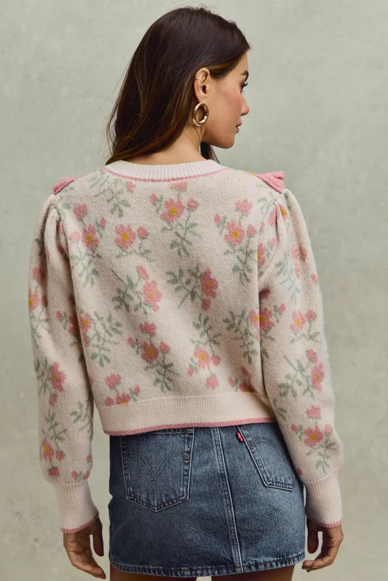 SO ME Flower With Ruffle Detailing Sweater Cardigan in - photo