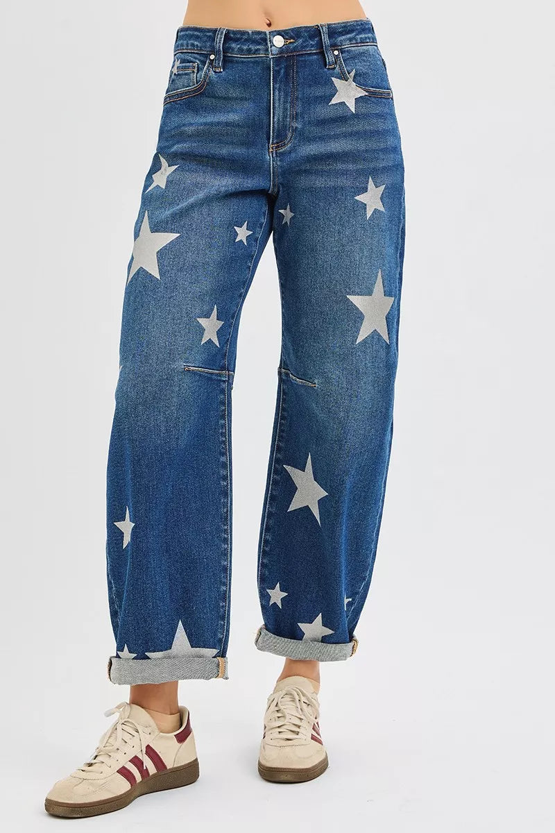 RISEN Star Print Mid Rise Barrel Jeans in - photo