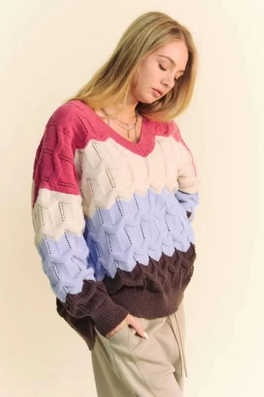 Davi & Dani Wavy Texture Color Block V-Neck Sweater in - photo