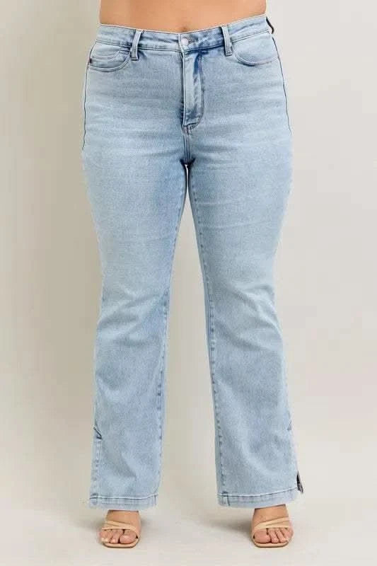 Judy Blue Full Size Tummy Control Vintage Wash Side Slit Slim Boot Jeans Plus Size in - photo