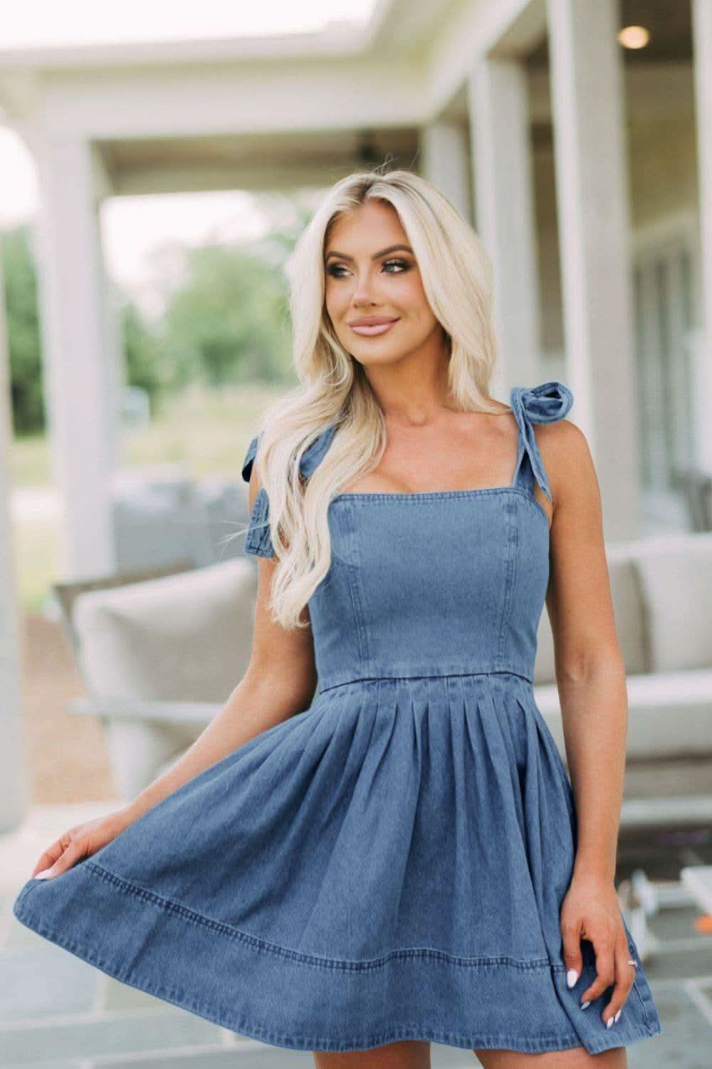 Square Neck Tie Shoulder Denim Dress in - photo