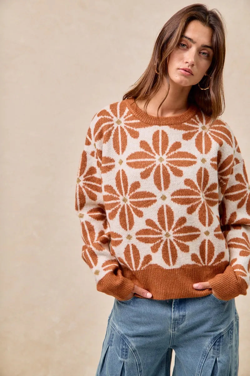 BiBi Flower Pattern Long Sleeve Sweater - SwagglyLife Home & Fashion