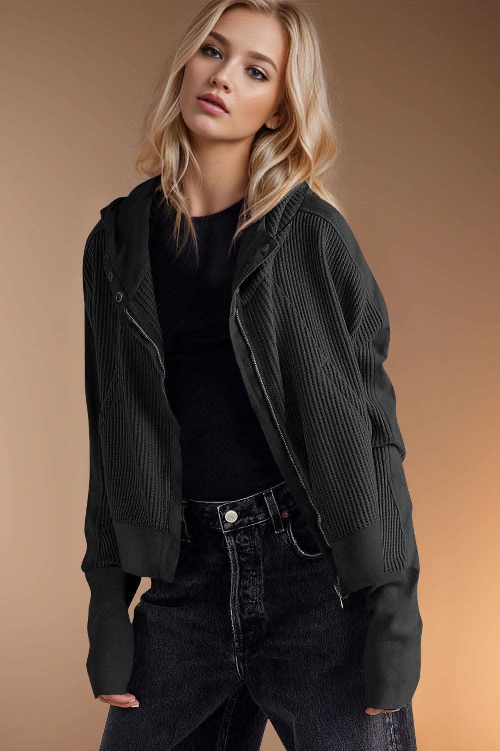 Double Take Waffle-Knit Zip Up Long Sleeve Hooded Jacket in Black - photo