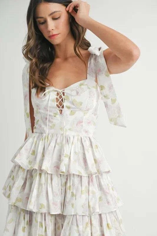 MABLE Floral Print Shoulder Tie Layered Mini Dress in - photo