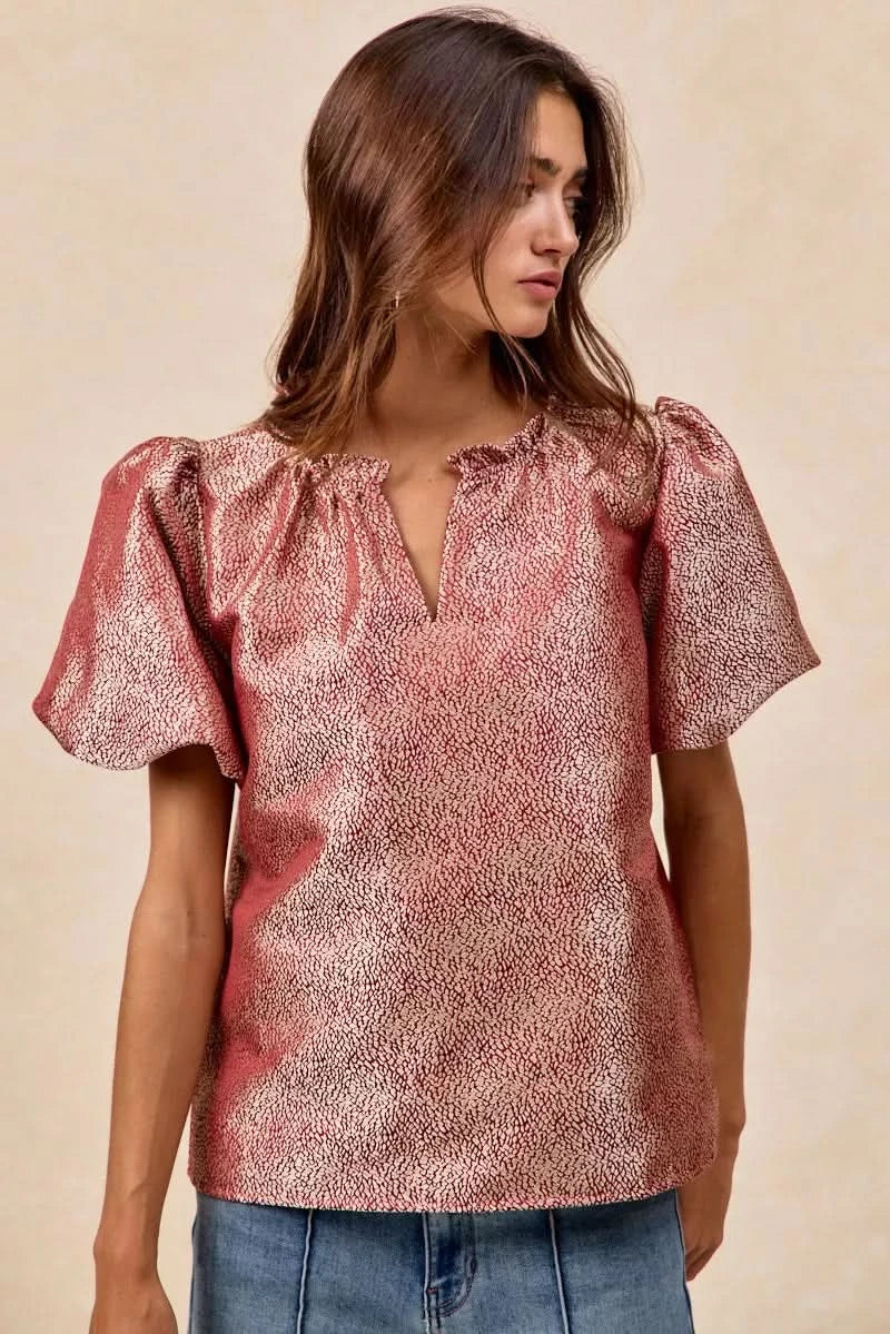 BiBi Jacquard Woven Short Balloon Sleeves V Neck Top in - photo