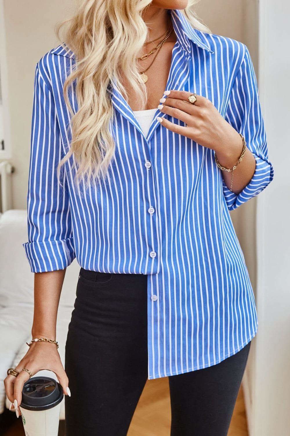 Striped Button Up Long Sleeve Shirt - SwagglyLife Home & Fashion