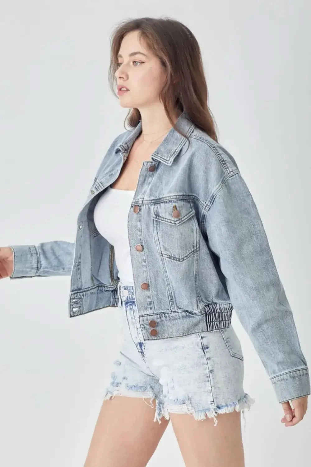 RISEN Full Size Button Down Cropped Denim Jacket in - photo