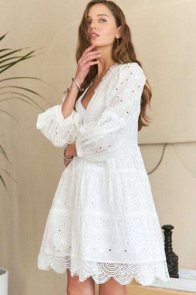 ADORA Lace Detail Tiered Eyelet V-Neck Babydoll Dress - SwagglyLife Home & Fashion