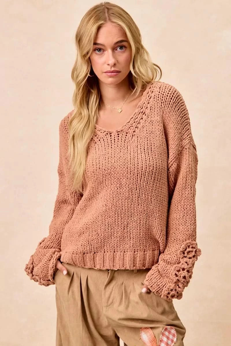 BiBi Chunky Knit Sweater with Flower Detail Sleeves in - photo