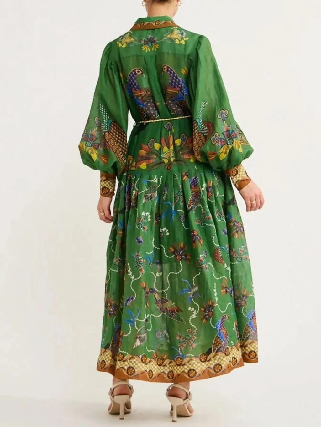 Printed Lantern Sleeve Maxi Shirt Dress in - photo