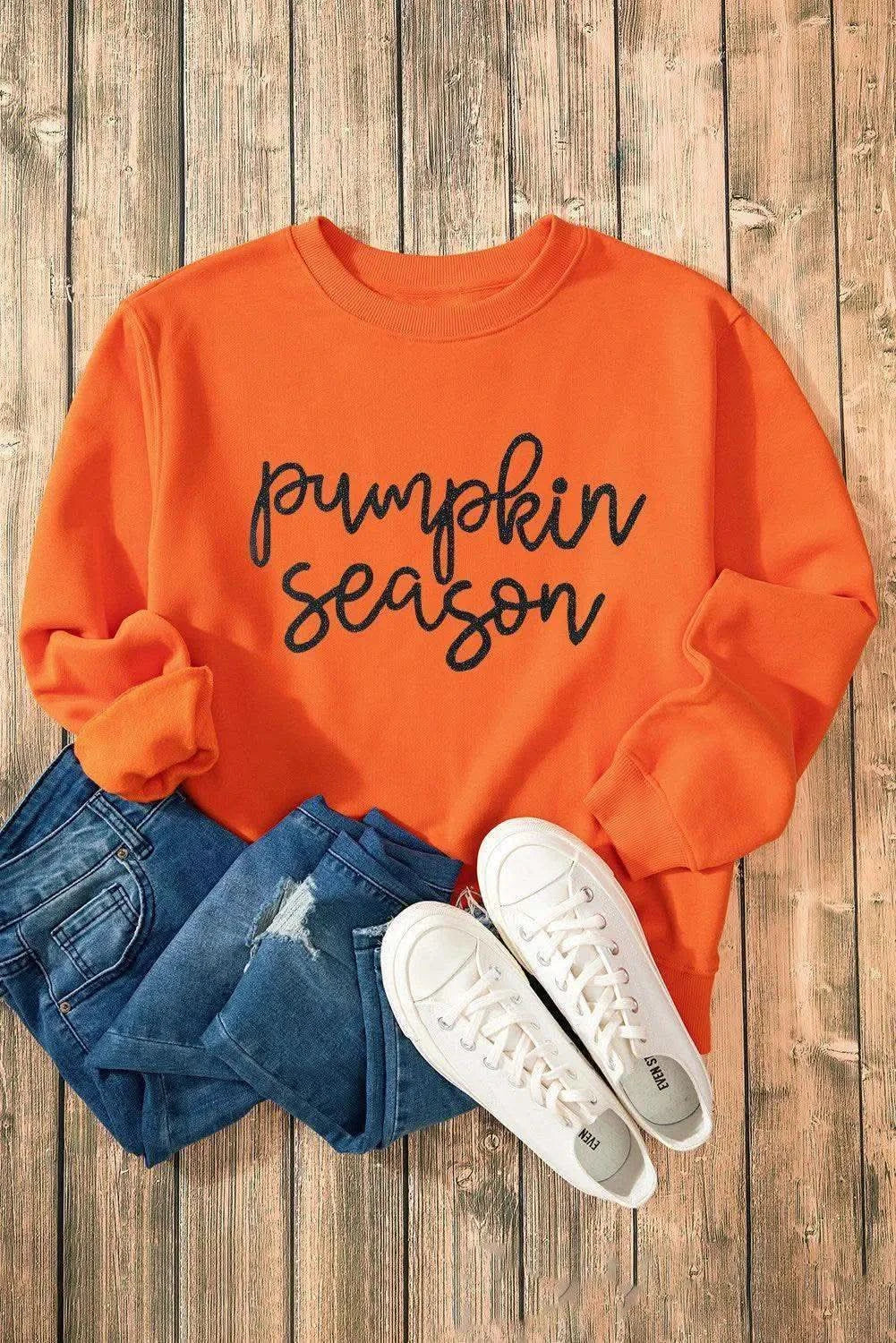 Pumpkin Season Letter Round Neck Long Sleeve Sweatshirt - SwagglyLife Home & Fashion
