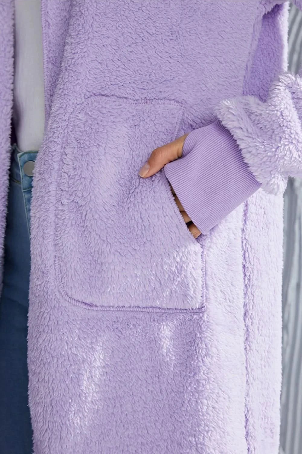 Double Take Full Size Hooded Teddy Bear Jacket with Thumbholes in - photo