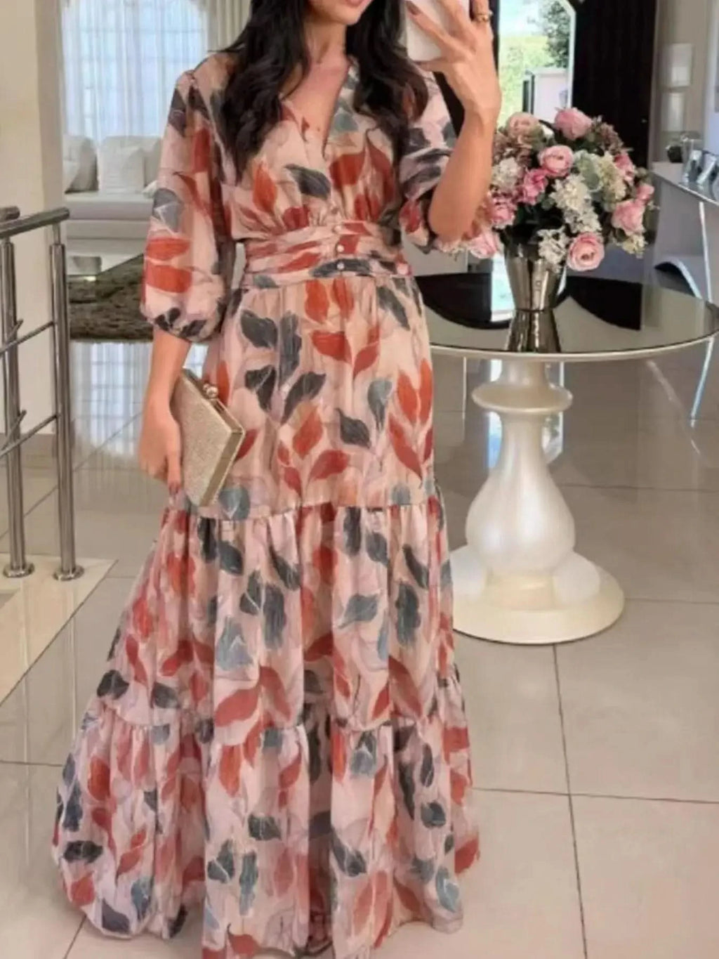 Full Size Printed V-Neck Maxi Dress with Tiered Hemline Plus Size - SwagglyLife Home & Fashion