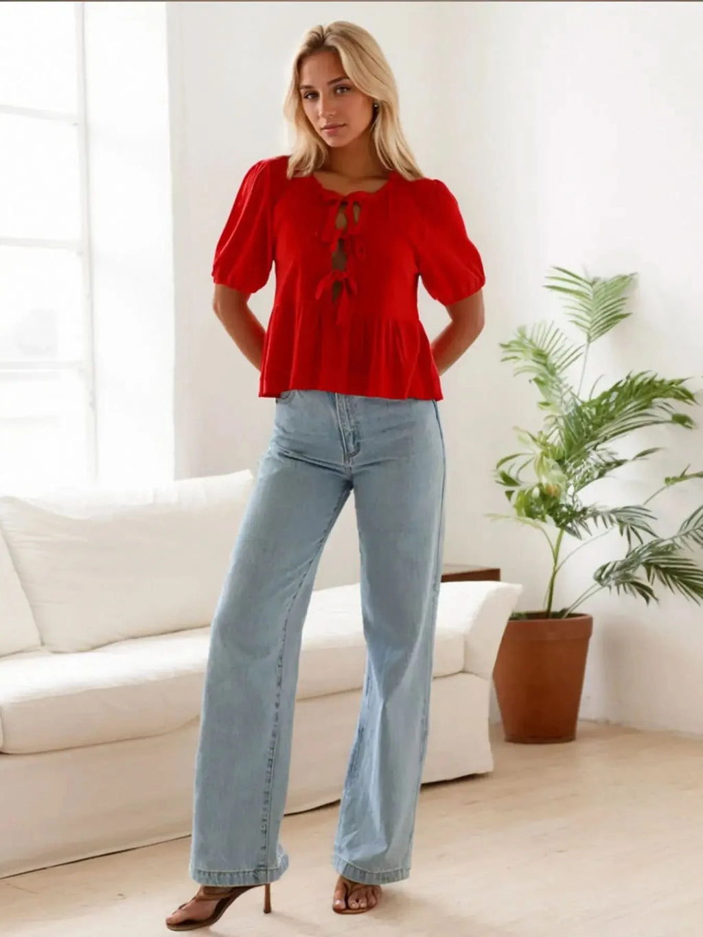 Tie-Front Short Sleeve Blouse in - photo