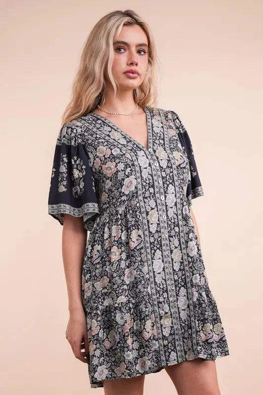 VERY J Shirring Detail Printed Woven Mini Dress in - Dresses photo